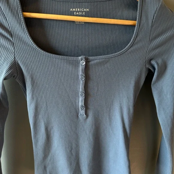 American Eagle Outfitters Blue Button-Front Ribbed Bodysuit - Picture 2 of 7